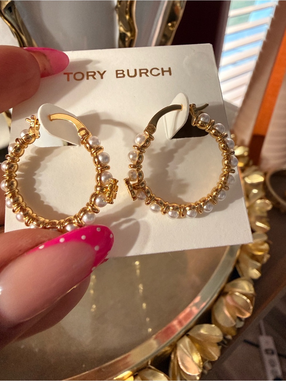 Tory Burch Gold Hoop Earrings with Pearl Beading